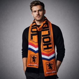 Holland Netherlands Soccer Fan Scarf Orange Black Knit Lion Crest Made in UK